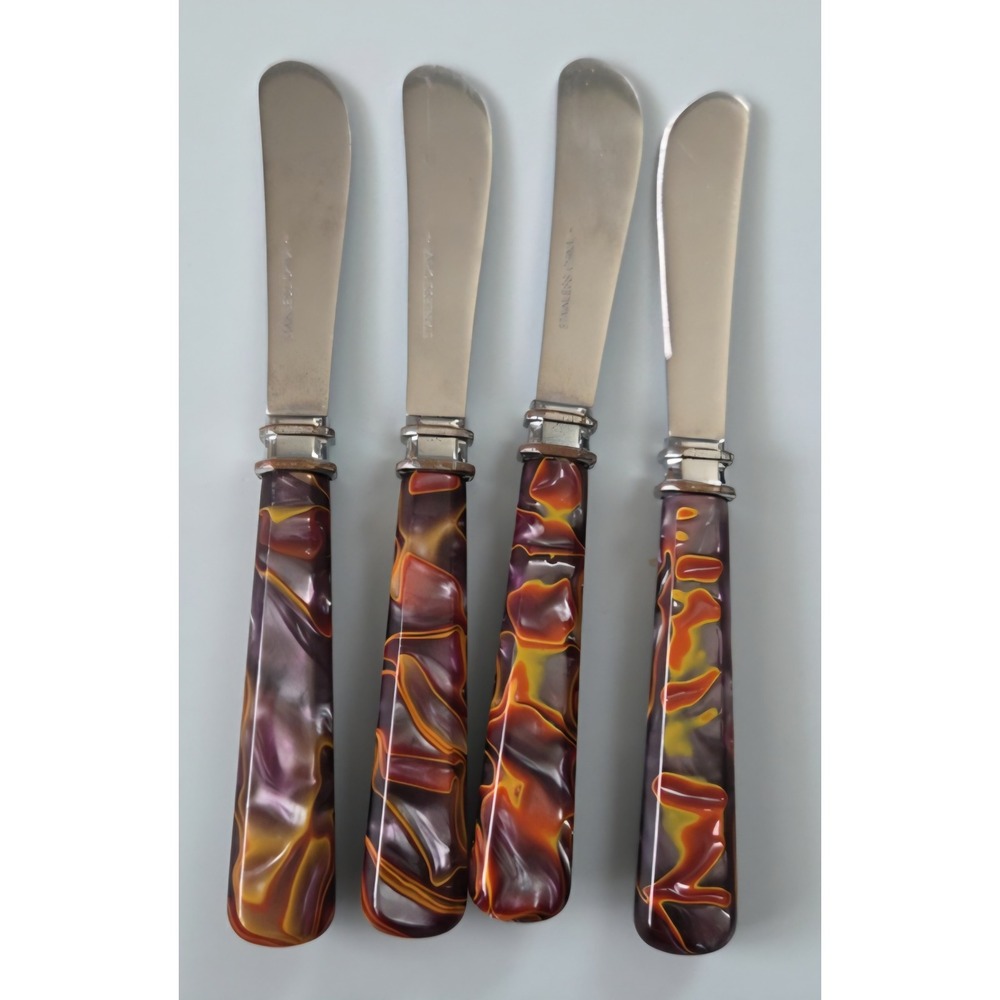 Set of 4 Marbled‎ Resin Handle Butter Spreaders Stainless Steel  Swirl MCM like
